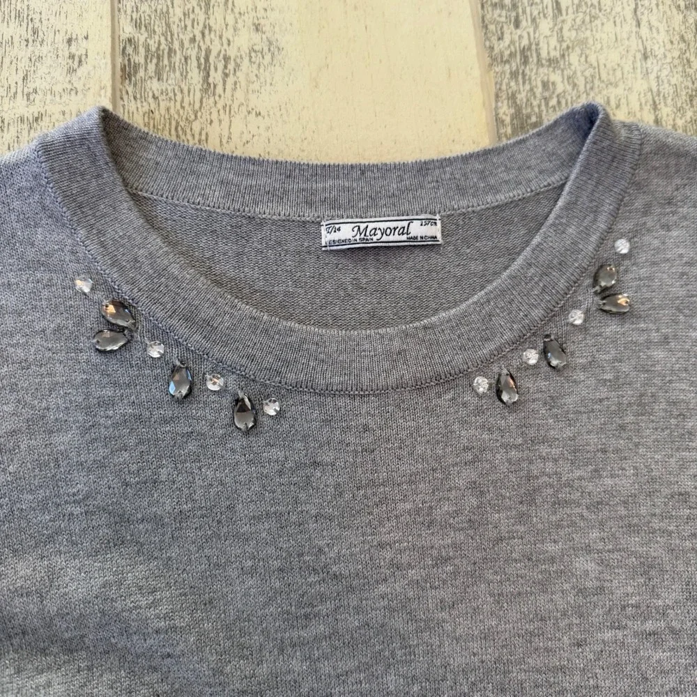 MAYORAL Gray Embellished Knit Tunic Sweater Feather Trim Girls Size 12/14 Formal